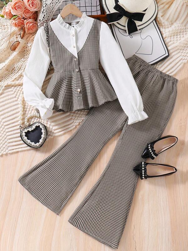 Conjunto de Duas Peças Adolescente Menina Primavera e Outono Camisa de Manga Longa Bolha com Colarinho Plissado de Tecido Xadrez Elegante Casual + Calça Simples de Tecido Xadrez Tecido