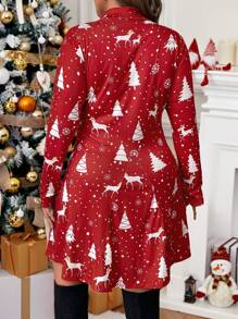 SHEIN VCAY Plus Size Christmas Stand Collar Long Sleeve Waist Cinched Dress Christmas Clothes Women Christmas Dress Winter Clothes Pleated Skirt Christmas Outfit Women Christmas Dresses Going Out Outfits Basic Dress Long Sleeve