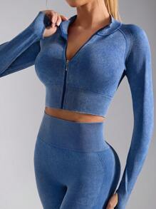 2pcs/Set Long Zip Up Fitted Athletic Outfit With High Waisted And Butt Lifting Design - Blue - View 8