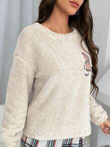 Cartoon Bear Embroidery Drop Shoulder Flannel Fluffy Sleep Top, Winter, Cozy - Apricot - View 3