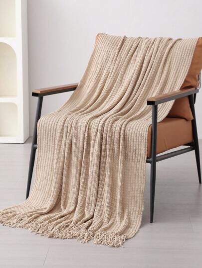 1 件卡其色链条条纹毯子，亚克力现代风格长方形四季波尔卡圆点针织地毯沙发床罩，秋季装饰，秋季装饰，房间装饰