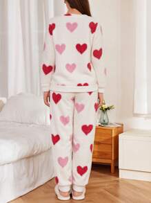 Plush Heart Print Long Sleeve Top & Long Pants Fluffy Pajama Set, Fall Winter Clothes, Cozy - Multicolor - View 6