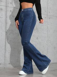 SHEIN Privé Women's High Waist Flared Casual Thermal Lined Denim Jeans, Thanksgiving Christmas Women, Autumn/Winter