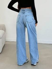 EURMUSE Women's High Waist Straight Loose Casual Jeans With Pockets - Medium Wash - View 2