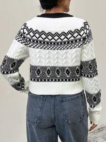 EURMUSE Women Round Neck Long Sleeve Striped Casual T-Shirt - Black and White - View 2