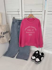 DAZY Girls' Round Neck Letter Embroidered Knitted Sweatshirt, Fall - Hot Pink - View 2