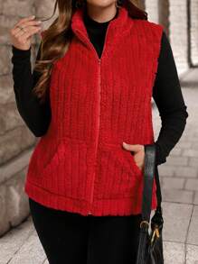 Áo len cardigan không tay cổ đứng khóa kéo cỡ lớn cho nữ, thích hợp mặc vào mùa thu/đông cho năm mới - Đỏ - Xem 3