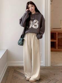 DAZY Quần dài cạp rút màu trơn đơn giản cho nữ, đa năng cho mùa thu đông - Màu be - Xem 2