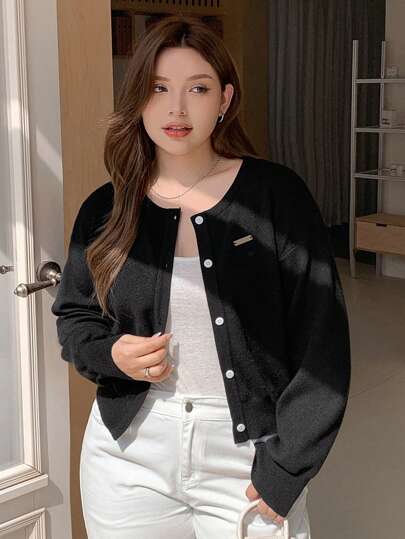 Dazy Petite Plus Plus Size Solid Color Front Button Long Sleeve Minimalist Casual Blouse, For Winter,Fall Women Clothes