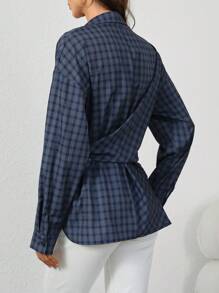 INAWLY Camisa casual de mujer con mangas largas, hombros caídos, estampado de cuadros y nudo frontal, otoño