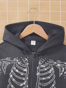 Sweatshirt Hoodie Pullover Longgar Kasual Ukuran Besar Motif Tengkorak dan Rhinestone untuk Anak Perempuan Remaja, Lengan Panjang - Dark Grey - View 3