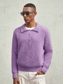 AKNOTIC Business Casual 男士贴身 Polo 领半拉链蓬松针织套头衫，短袖，长袖，休闲，粉色，适合秋冬 - 紫色 - 查看 3