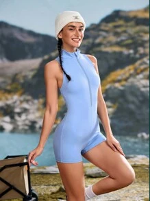 SHEIN Sports Minimalist Solid Color Stand Collar Sleeveless Backless Fitted Romper - Blue - View 7