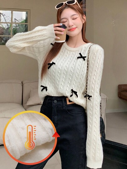 DAZY Women's Loose Fit Crew Neck Long Sleeve Sweater With Bow Decor, Autumn/Winter Fleece Lined