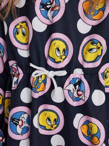 LOONEY TUNES X SHEIN Tween Girl Cartoon Tweety & Daffy Duck Letter Graphic Black Casual Sport Comfy Cinched Waist Long Sleeve Pajamas Dress - Multicolor - View 4