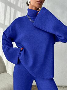 EURMUSE 2 peças/conjunto suéter de gola alta de cor sólida, manga comprida, top e calças - Azul Real - Ver 2