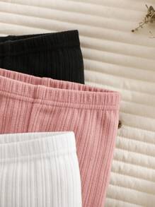 SHEIN 3pcs Newborn Baby Girls Essential Set: Cute Versatile Solid Color Knitted Elastic Waist Pants - Multicolor - View 5