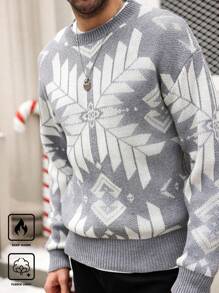 Manfinity Homme Men's Grey Autumn Casual Matching Family Geometric Pattern Drop Shoulder Loose Knit Long Sleeve Graphic Color Block Chunky Sweater,For Christmas Party - Grey - View 3