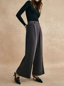 Poéselle Pantalones casuales rectos con pliegues de unicolor para mujeres, uso diario, elegantes y encantadores, ropa de otoño e invierno, adecuados para uso diario, calle, ir a trabajar, citas y otras ocasiones - Gris - Ver 1