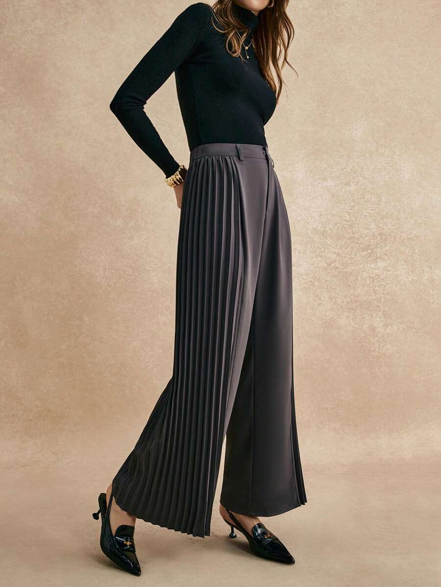 Poéselle Pantalones casuales rectos con pliegues de unicolor para mujeres, uso diario, elegantes y encantadores, ropa de otoño e invierno, adecuados para uso diario, calle, ir a trabajar, citas y otras ocasiones - Gris - Ver 1