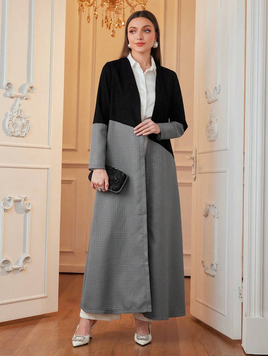 Al Najma Áo Abaya hở phía trước thanh lịch dành cho nữ với vải nhung kẻ và vải chắp vá kẻ caro, Áo Abaya Ả Rập dài tay hở giản dị thanh lịch, dành cho trang phục thường ngày/tiệc tùng - Xám - Xem 1