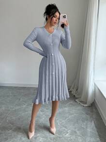 Elenzga Women's Solid Color Front Button Long Sleeve Simple Casual Sweater Dress - Grey - View 3