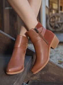 Styleloop Women's Solid Color Metal Decor Casual Fashion Ankle Boots, Simple Short Boots, BOHO Style, Retro American/Bohemian Vibe, Suitable For Music Festivals, Parties, Christmas, Halloween