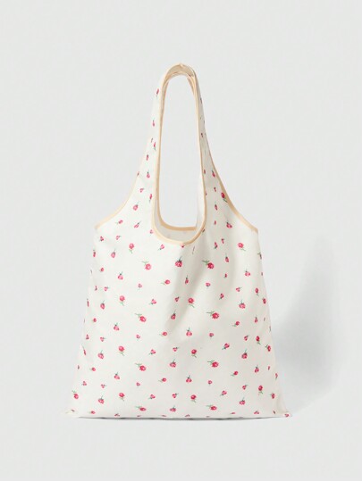 Kawaii 1pc Cute Ditsy Floral Foldable Tote Bag For Women, White