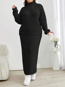 EURMUSE Cable Knit Turtleneck Sweater And Skirt Two Piece Set - Black - View 5
