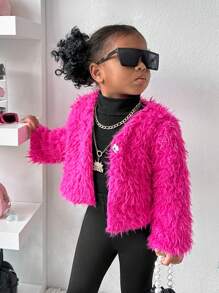 SHEIN Baby Girls Street Chic Loose Plush Jacket, Provides Sufficient Warmth For Baby To Stay Fashionable And Elegant In Cold Seasons, Suitable For Various Occasions, Especially For Autumn/Winter Daily Outings, Parties, Etc. Easy To Create Diverse Fashionable Looks