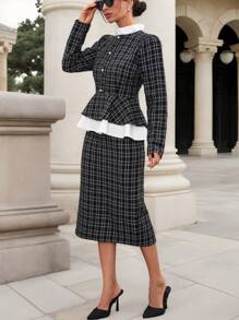 EURMUSE French Style, 2024 Jacket And A-Line Skirt Set, Elegant Suit With Romantic Ruffle Details - Black and White - View 5