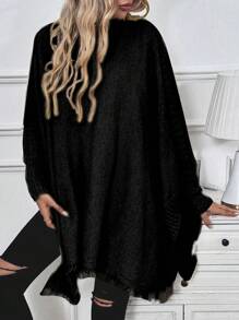 SHEIN LUNE Turtleneck Batwing Sleeve Asymmetrical Hem Knit Poncho Knit Pullover Fall Winter - Black - View 7