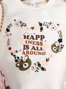 2 件羊毛保暖套装，包括：可爱熊和复古花卉印花运动裤 + 宽松熊和心形印花长袖上衣，适合年轻女孩 - 粉色 - 查看 5