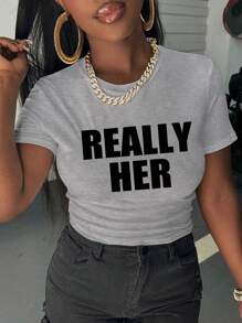 SHEIN 女士夏季字母印花圆领短袖短款修身休闲 T 恤 REALLY HER 图案 T 恤女式上衣 - 灰色 - 查看 3