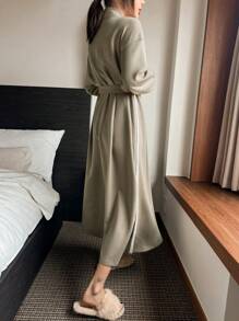 DAZY Minimalist Knit Contrast Trim Maxi Open Front Robe With Belt, Homeware Pajama - Khaki - View 2