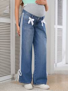 SHEIN Umstandsmode Jeans mit Farbblock Design, Schleifen-Dekor und geradem Bein