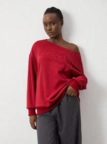 Flirla 1pc Women Asymmetrical Letter Embroidered Shoulder Sweatshirt, Simple Red Pullover Long Sleeve Tops For Autumn/Winter