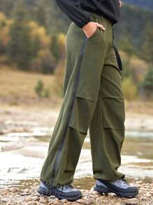 In My Nature 女式纯色拉链口袋休闲宽松徒步工装裤 - 軍綠色 - 查看 9