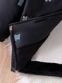 SHEIN 年轻女孩毛绒熊刺绣连帽夹克，可爱休闲保暖冬季防风加厚全拉链外套 - 藍色 - 查看 4