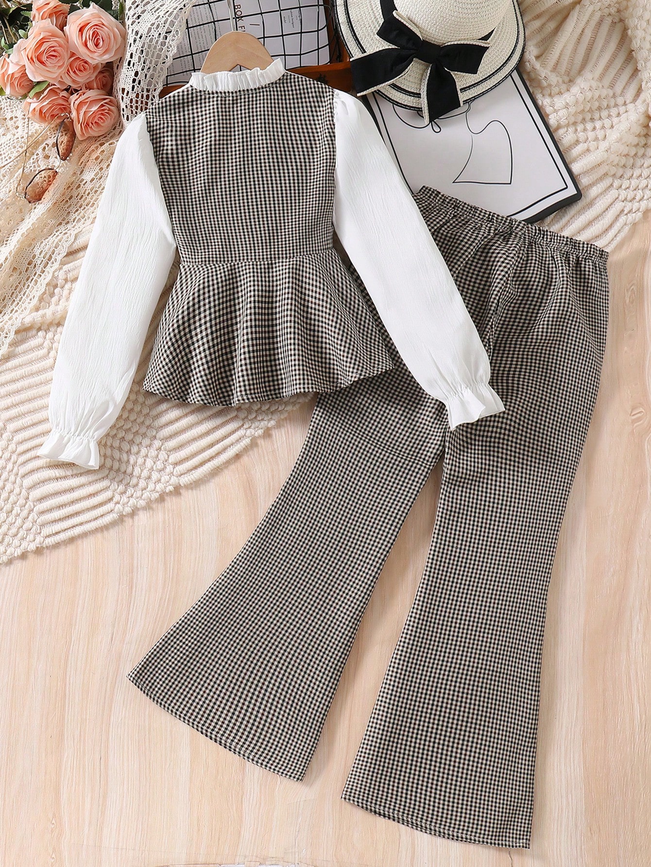 مجموعة قميص كم طويل بياقة مكسرة مع بنطال منسوج مرب...