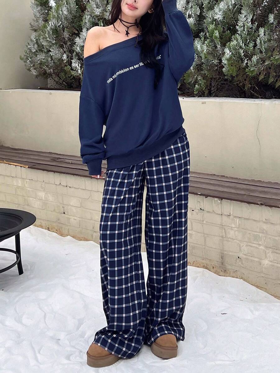 INAWLY Women Knit Casual Going Out Party English Print Loose Sweatshirt Set, Navy, Autumn/Winter Fall Cloth For Women - Navy Blue - View 1