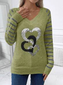 SHEIN LUNE Áo len nữ cổ chữ V kẻ sọc phối màu tương phản, họa tiết trái tim đính sequin, kiểu dáng thường ngày, thích hợp mặc mùa thu đông. - màu xanh lá - Xem 3