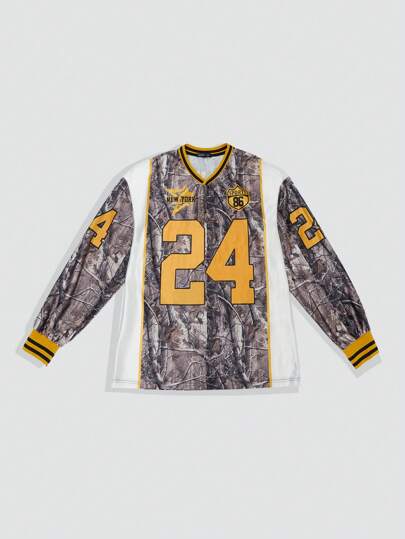 Prep Camiseta casual de manga larga con cuello en V para hombres con estampado de letras y ramas de árbol, otoño