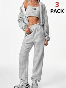 Muchica 3pcs Women's Fall And Winter Y2K Homecoming Hip-Hop Rapper Athleisure Streetwear Casual Back To School Athleisure Sportswear Waffle Knit Textured Keep Warm Stretchy Thermal Grey Cropped Tank Top&Sweatshirt&Sweatpant Hoodies Set For Holiday And New Year Eve