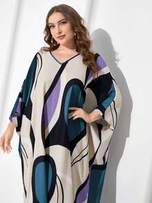 Al Najma 大码休闲拼色印花蝙蝠袖长款阿拉伯朴素连衣裙 - 彩色 - 查看 4