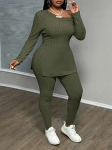 Slaydiva Plus Size Women Ribbed Fabric Asymmetrical Neck Long Sleeve Top And Pants Set, Warm For Autumn/Winter