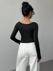 Aloruh Women Lace Splice Colorblock Crew Neck Fitted Long Sleeve T-Shirt - Black - View 3