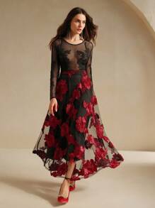 Anewsta New Vintage Elegant Versatile Floral Embroidery Mesh High Waist A-Line Skirt, Autumn/Spring Maxi, Christmas - Multicolor - View 5