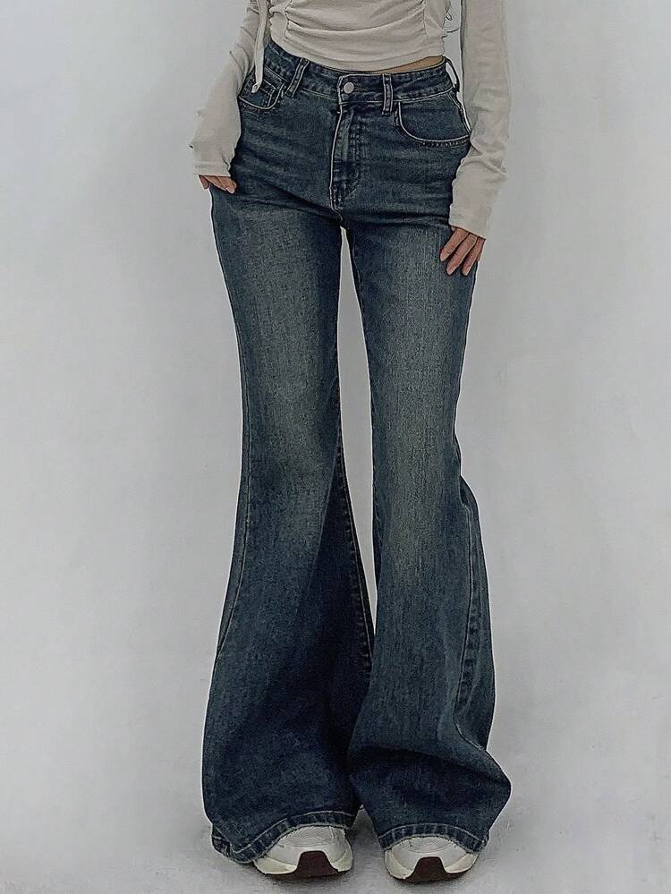 Women's Plain Pockets Casual Flare Jeans Pants