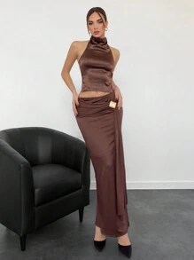 Aloruh Camiseta sin espalda con cuello alto y cordón en el bajo, color marrón, para mujer, para fiesta y eventos de otoño/invierno